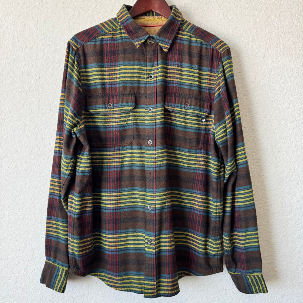 Marmot Mens Large Plaid Flannel Button Down Shirt Brown Yellow Teal Long Sleeve